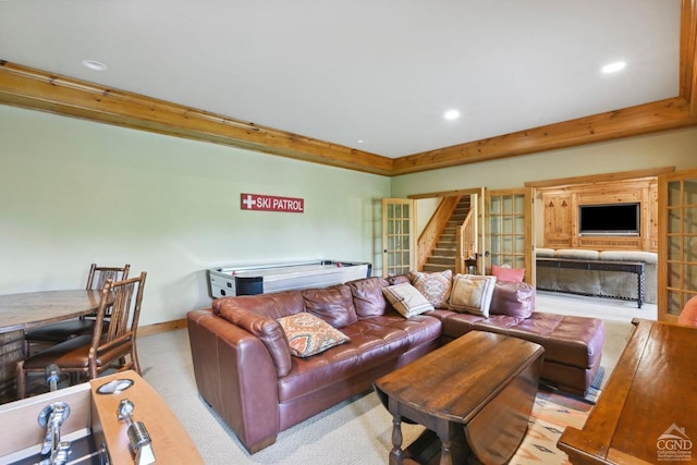 living room with light carpet and french doors