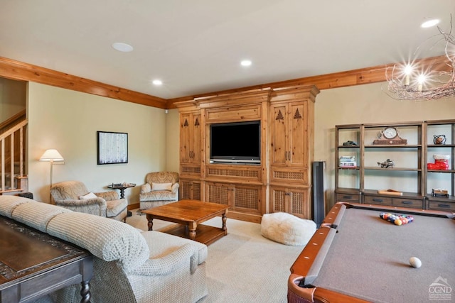 carpeted living room featuring pool table