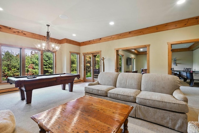 rec room featuring light carpet, an inviting chandelier, and pool table