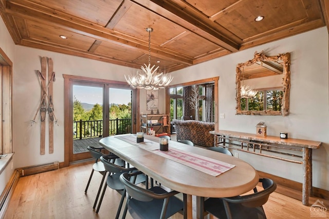 dining room featuring plenty of natural light, light hardwood / wood-style floors, wood ceiling, and a chandelier