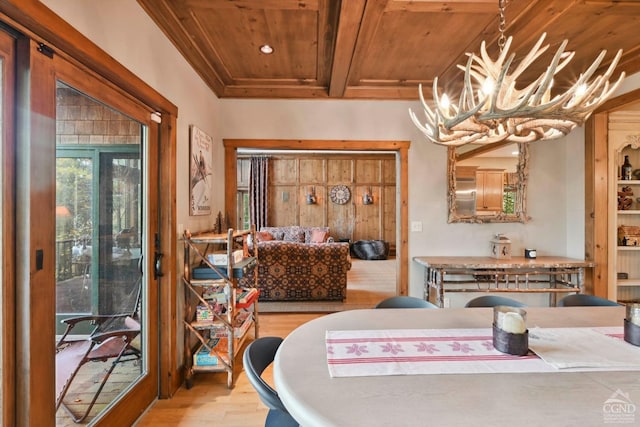 dining area featuring beamed ceiling, wood-type flooring, an inviting chandelier, and wood ceiling