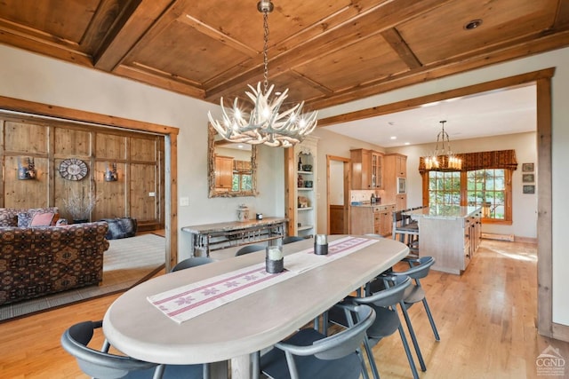 dining space with a chandelier, french doors, light hardwood / wood-style floors, and wooden ceiling