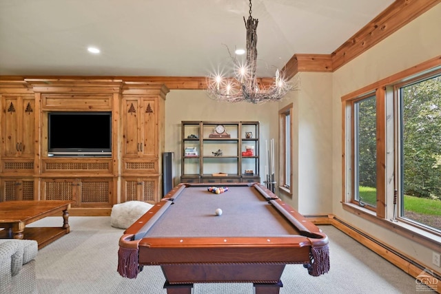 playroom with carpet, a healthy amount of sunlight, pool table, and a baseboard heating unit