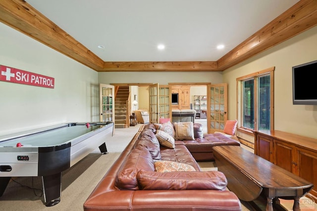 carpeted living room with french doors