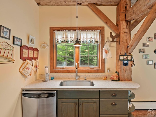 kitchen with stainless steel dishwasher, hanging light fixtures, sink, and dark brown cabinets