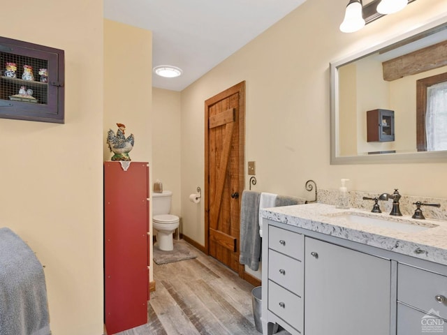 bathroom with vanity, wood-type flooring, and toilet