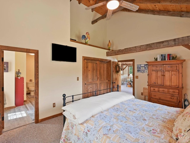 bedroom featuring wood ceiling, high vaulted ceiling, ceiling fan, beamed ceiling, and light colored carpet