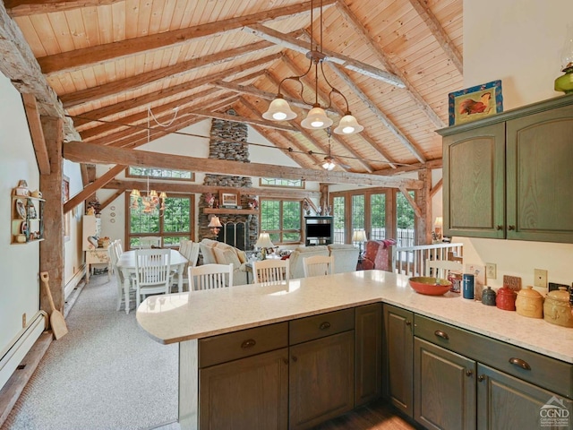 kitchen with beamed ceiling, ceiling fan, wooden ceiling, and a baseboard heating unit