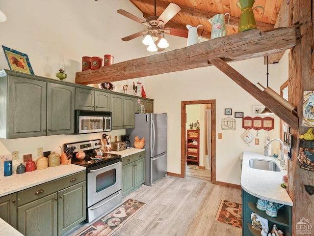 kitchen featuring sink, lofted ceiling with beams, green cabinets, stainless steel appliances, and light hardwood / wood-style floors