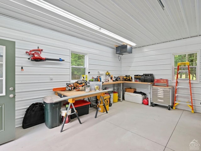 garage featuring a workshop area