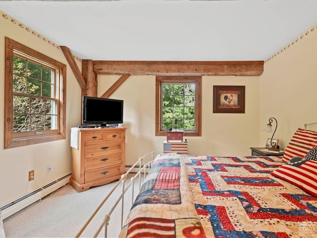 carpeted bedroom with multiple windows and a baseboard radiator