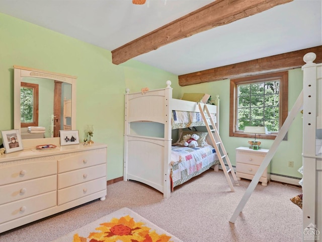 carpeted bedroom featuring a baseboard radiator and beam ceiling