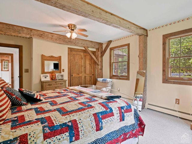 bedroom featuring beam ceiling, carpet floors, ceiling fan, and baseboard heating