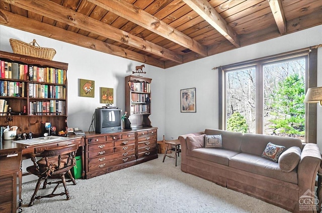 office area with carpet floors, beam ceiling, and wood ceiling