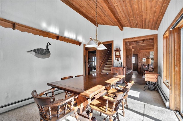 dining room with wood ceiling, baseboard heating, stairs, and lofted ceiling