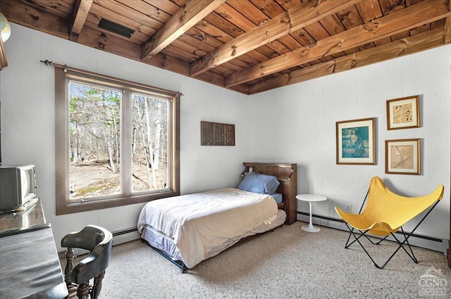 bedroom featuring wooden ceiling, carpet, beam ceiling, and visible vents