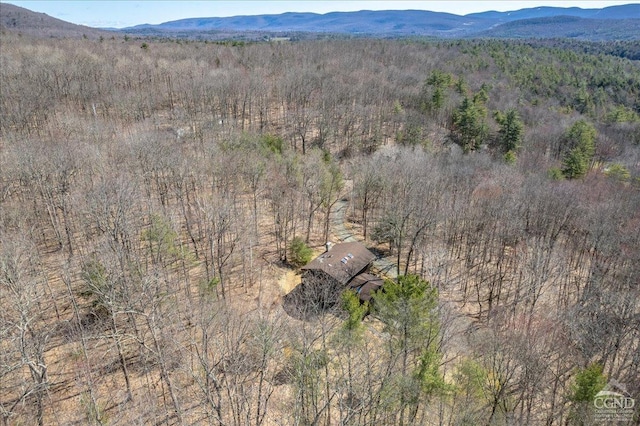 aerial view featuring a forest view and a mountain view