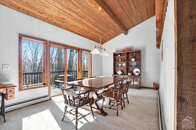 dining room with wood ceiling, light carpet, a baseboard heating unit, and lofted ceiling