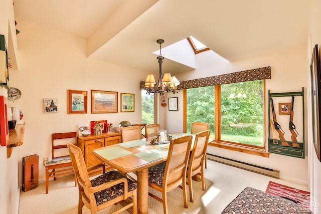 carpeted dining space featuring a notable chandelier, plenty of natural light, and baseboard heating