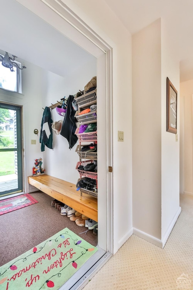 mudroom featuring carpet flooring