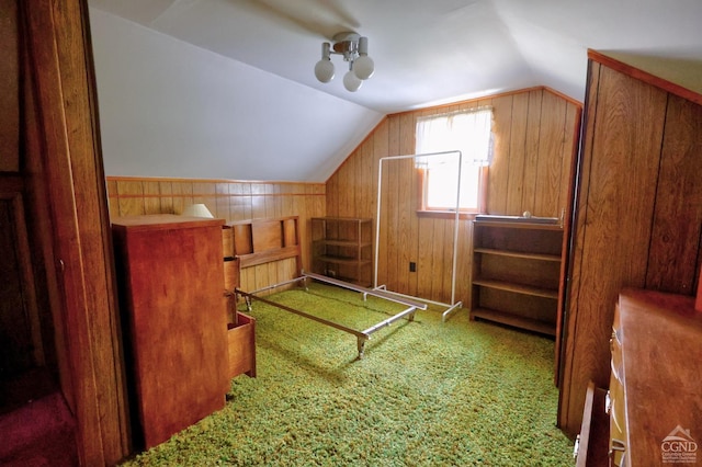 additional living space with wooden walls, vaulted ceiling, and carpet floors