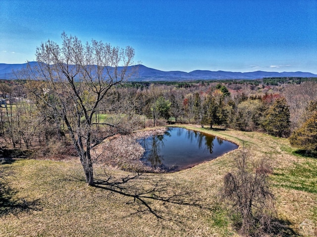 exterior space featuring a water and mountain view and a forest view