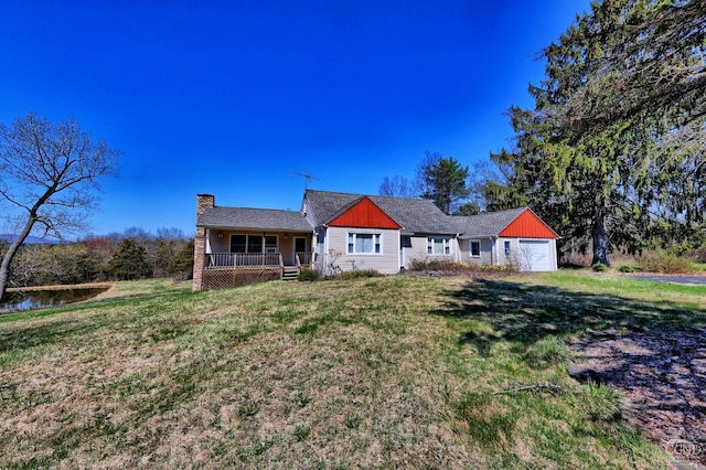 ranch-style house with a garage, a front lawn, covered porch, and a chimney