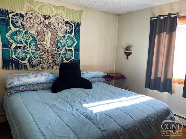 bedroom with baseboard heating and a textured ceiling