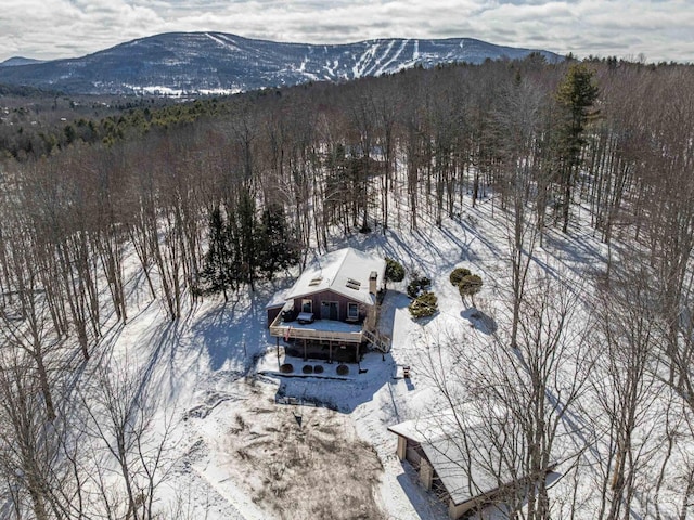 snowy aerial view with a mountain view and a wooded view