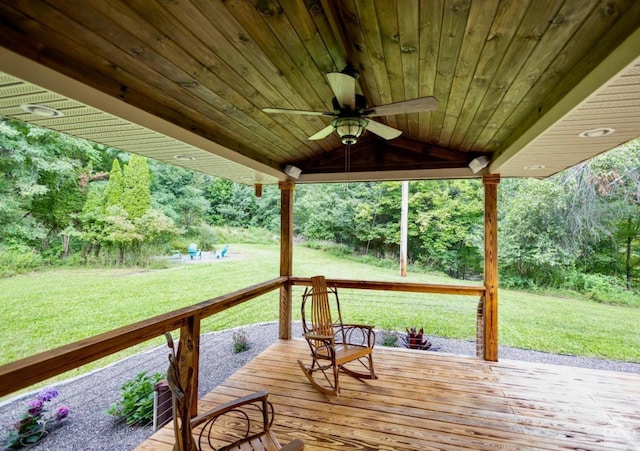 wooden terrace with ceiling fan and a yard