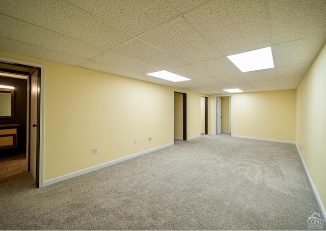 basement featuring carpet and a drop ceiling