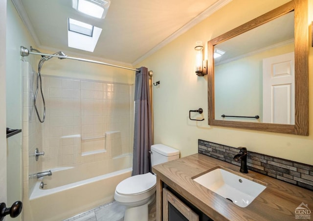 full bathroom with shower / tub combo, vanity, a skylight, and ornamental molding