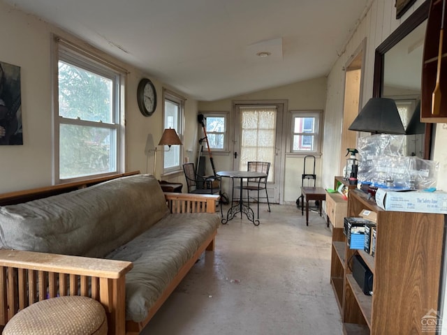 living room featuring lofted ceiling