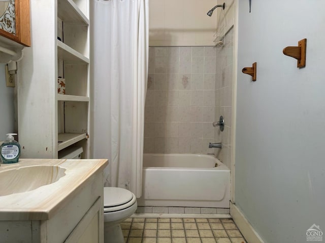 full bathroom featuring vanity, shower / bath combination with curtain, and toilet