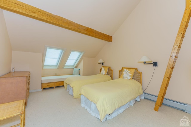 bedroom with vaulted ceiling with skylight, baseboard heating, and carpet