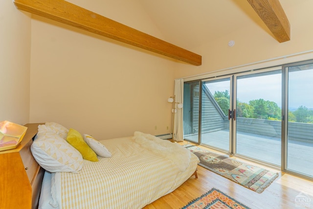 bedroom featuring beam ceiling, access to exterior, hardwood / wood-style floors, and baseboard heating