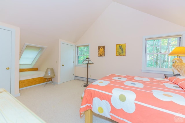 bedroom featuring carpet floors, baseboard heating, multiple windows, and lofted ceiling