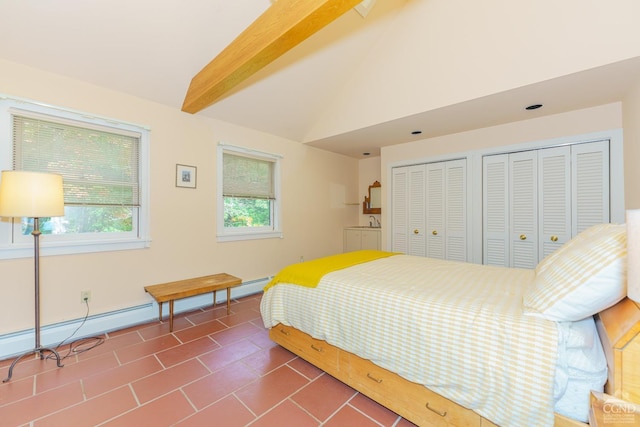 bedroom featuring high vaulted ceiling, tile patterned flooring, a baseboard radiator, beamed ceiling, and multiple closets