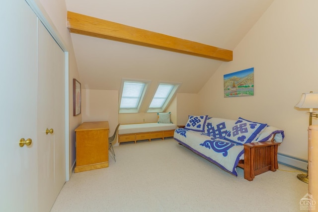 bedroom featuring vaulted ceiling with beams, a closet, and baseboard heating