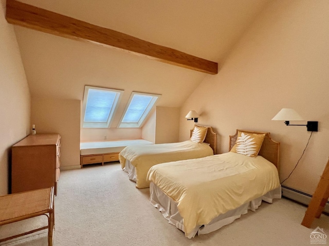 carpeted bedroom with vaulted ceiling with skylight and a baseboard radiator