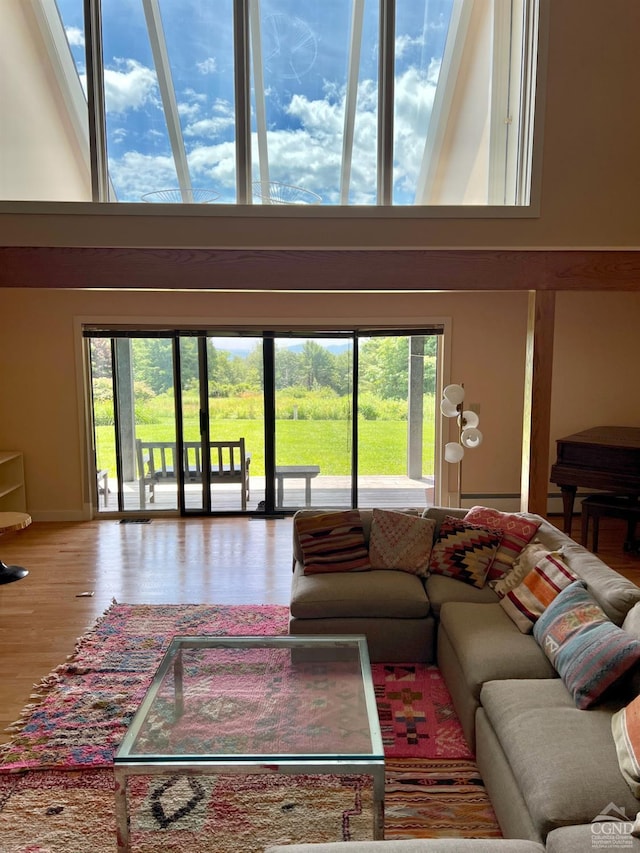 living room with hardwood / wood-style floors and a high ceiling