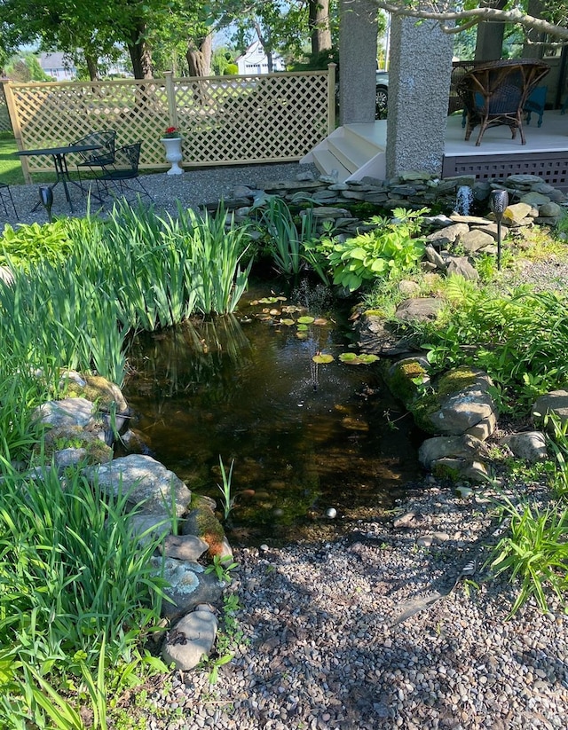 view of yard with a small pond