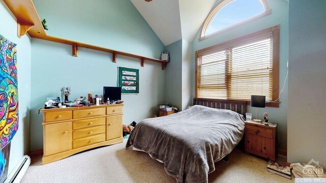 bedroom with light carpet, high vaulted ceiling, and a baseboard radiator