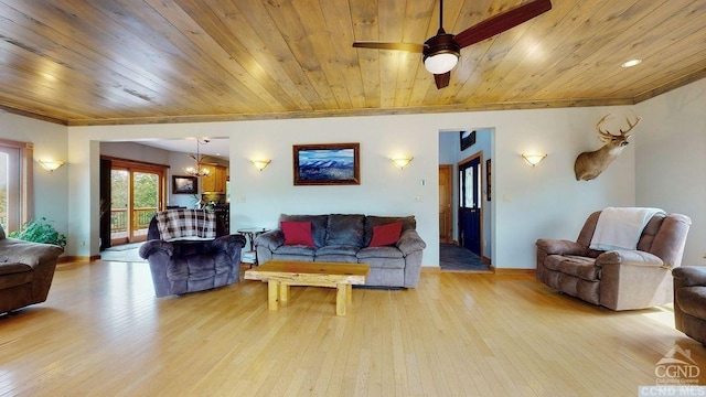 living room featuring light hardwood / wood-style floors, ceiling fan, and wooden ceiling