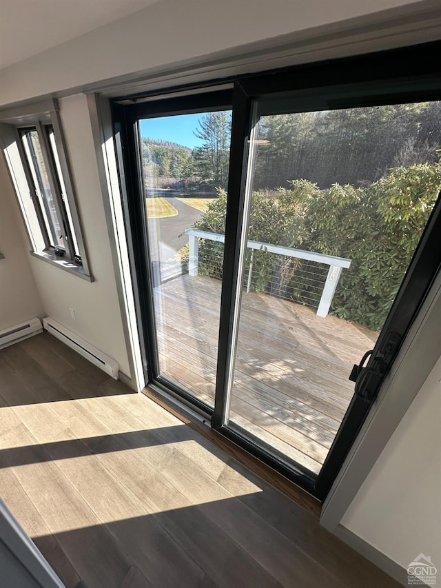 doorway featuring a baseboard radiator and wood finished floors