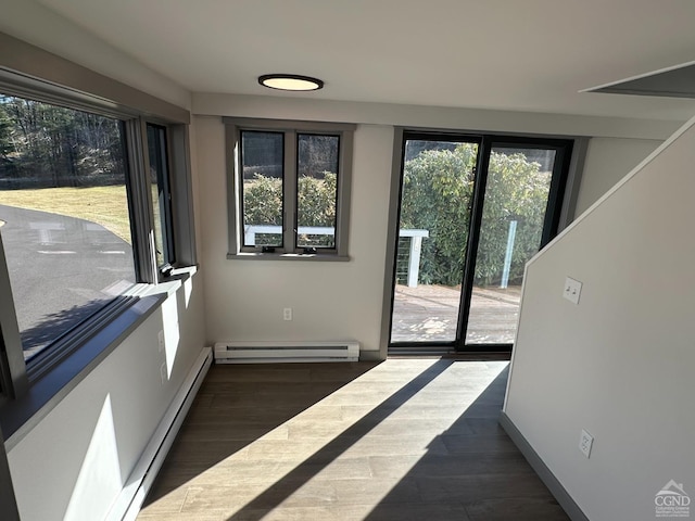 entryway featuring dark wood-style floors, baseboards, and baseboard heating