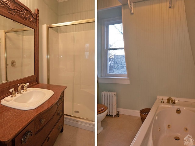 517519 Washington St, Hudson, NY 12534 - full bathroom with radiator heating unit, vanity, toilet, and a stall shower