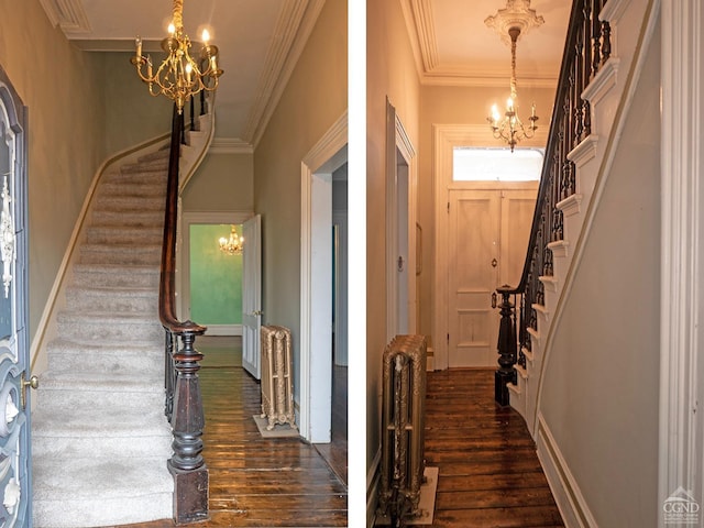 517519 Washington St, Hudson, NY 12534 - entrance foyer with crown molding, a notable chandelier, dark wood-style floors, and stairs