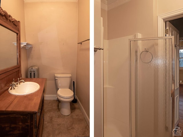 517519 Washington St, Hudson, NY 12534 - bathroom with baseboards, radiator, toilet, vanity, and a shower stall