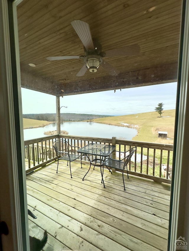 wooden terrace with a ceiling fan and a water view